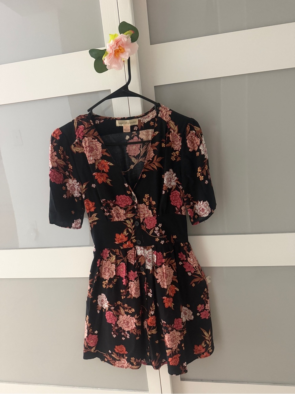 Band of Gypsies Black Floral Mini Dress with Pink & Rust Blooms, Thanksgiving